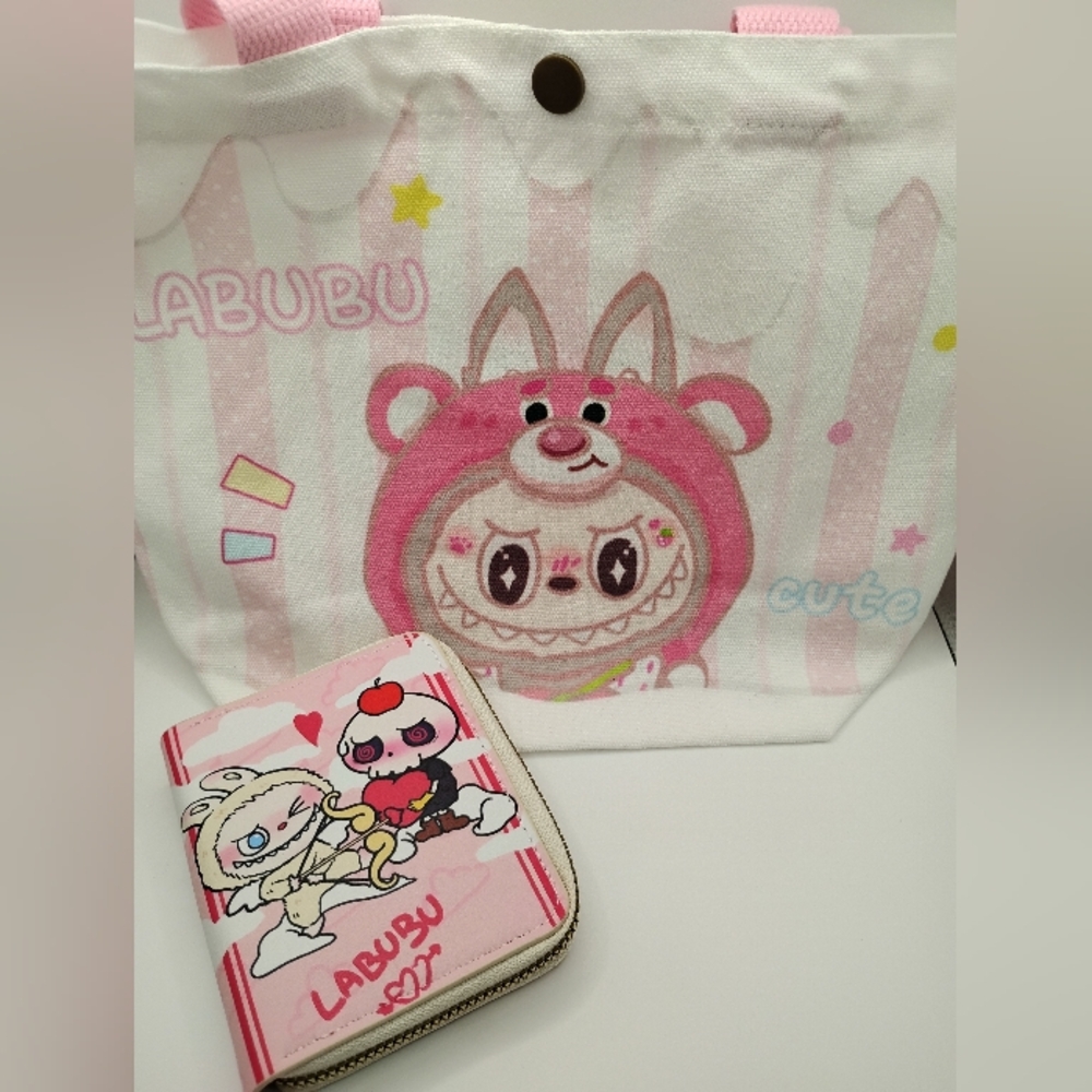 🆕Labubu Pink Character Tote with Matching Zip Wallet (8"H×8"L)